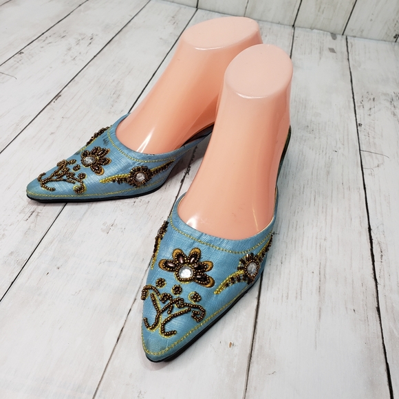 Vintage Escada Blue Embellished Mule Kitten Heels - Picture 1 of 9